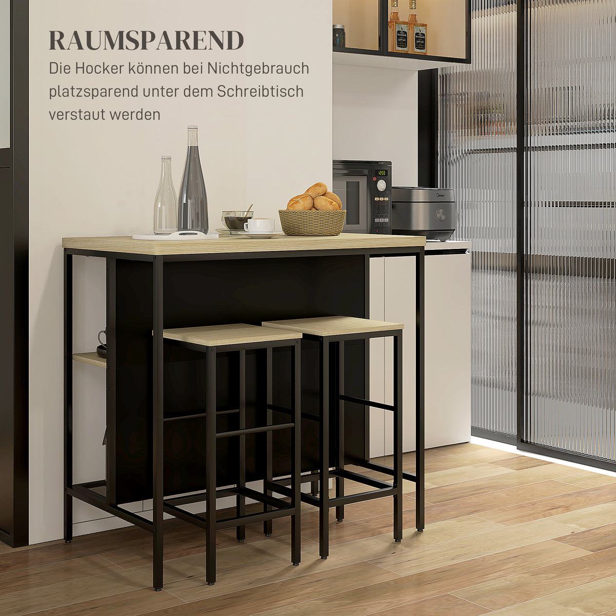 Bartisch-Set mit zwei Barhockern und Ablagen