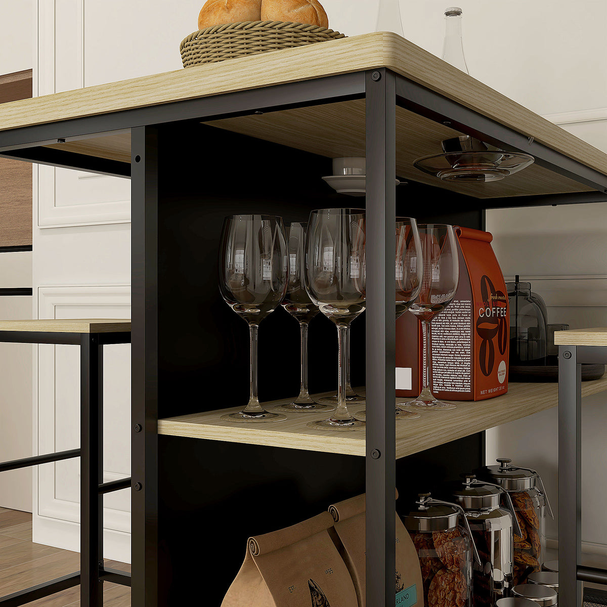 Bartisch-Set mit zwei Barhockern und Ablagen