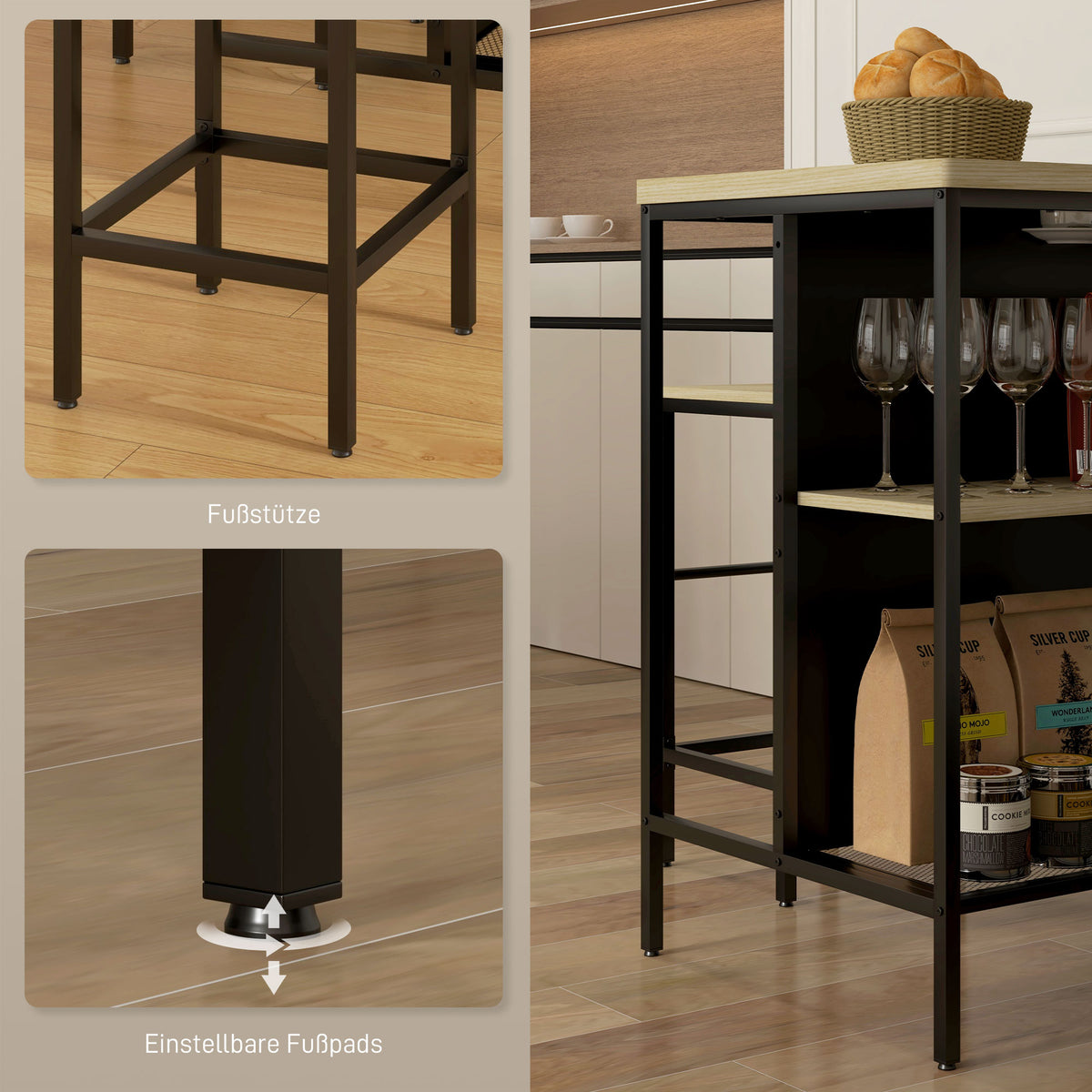 Bartisch-Set mit zwei Barhockern und Ablagen