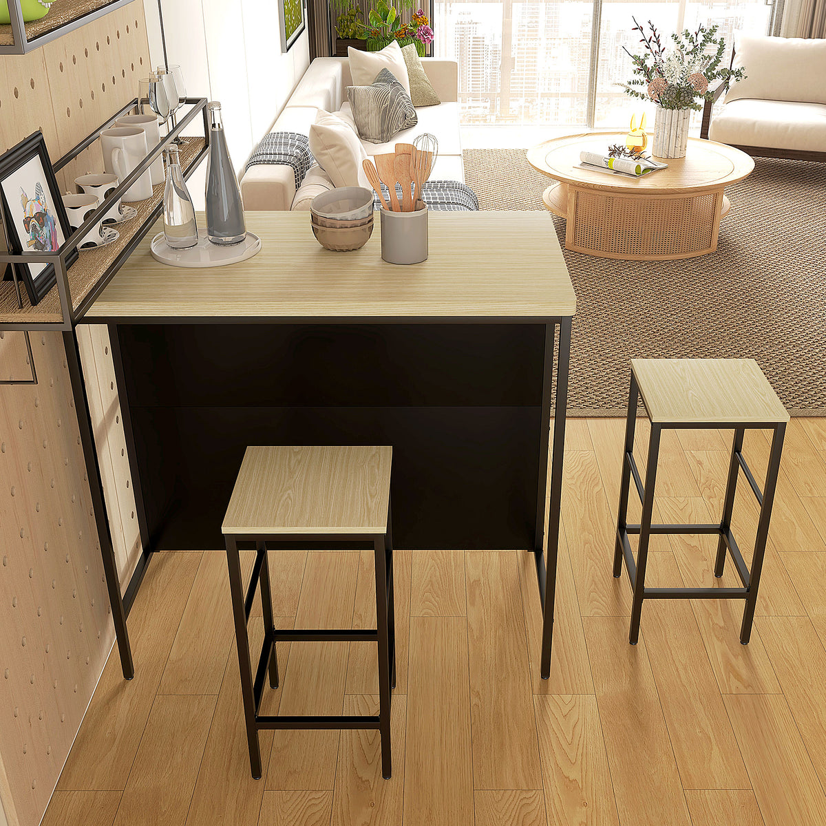 Bartisch-Set mit zwei Barhockern und Ablagen