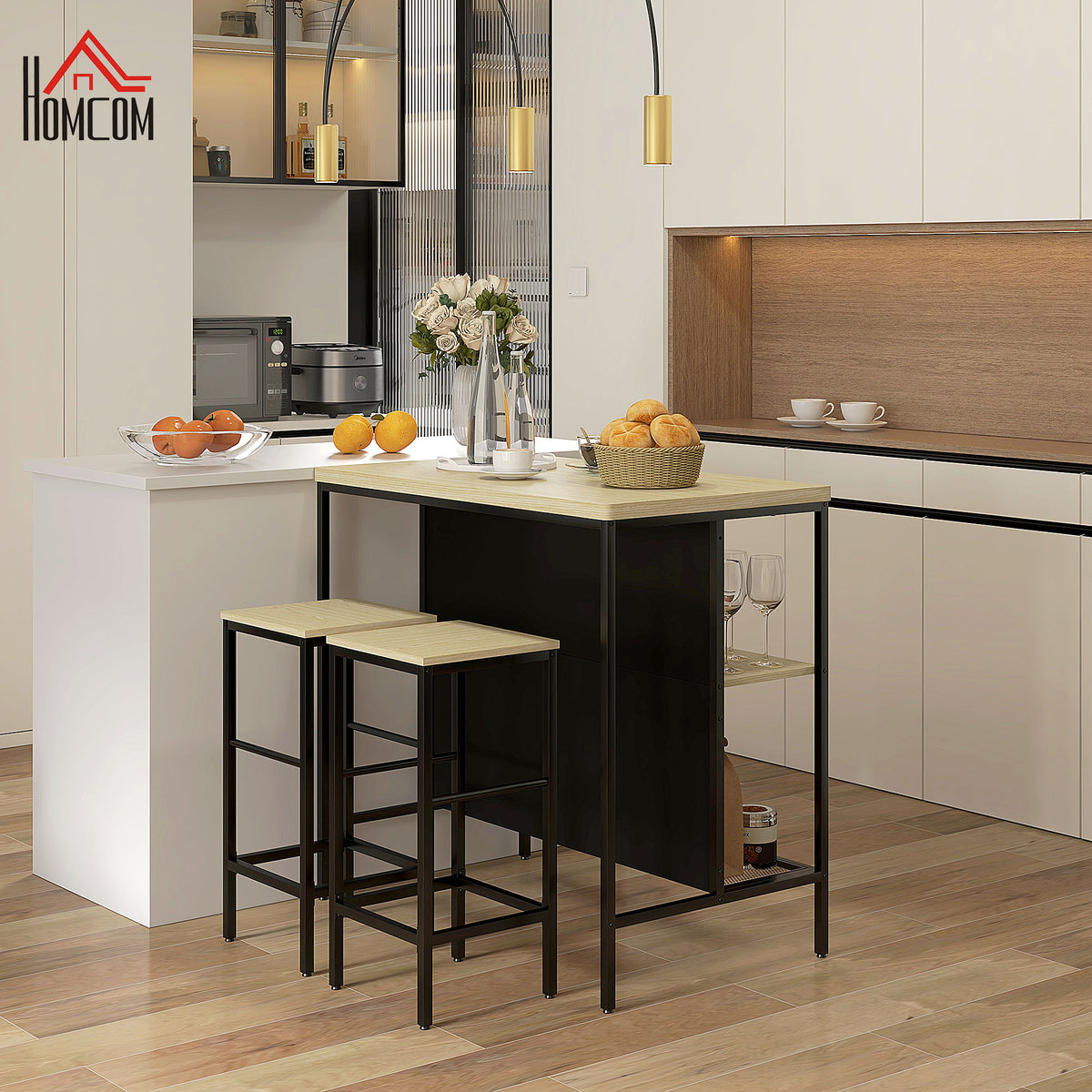 Bartisch-Set mit zwei Barhockern und Ablagen
