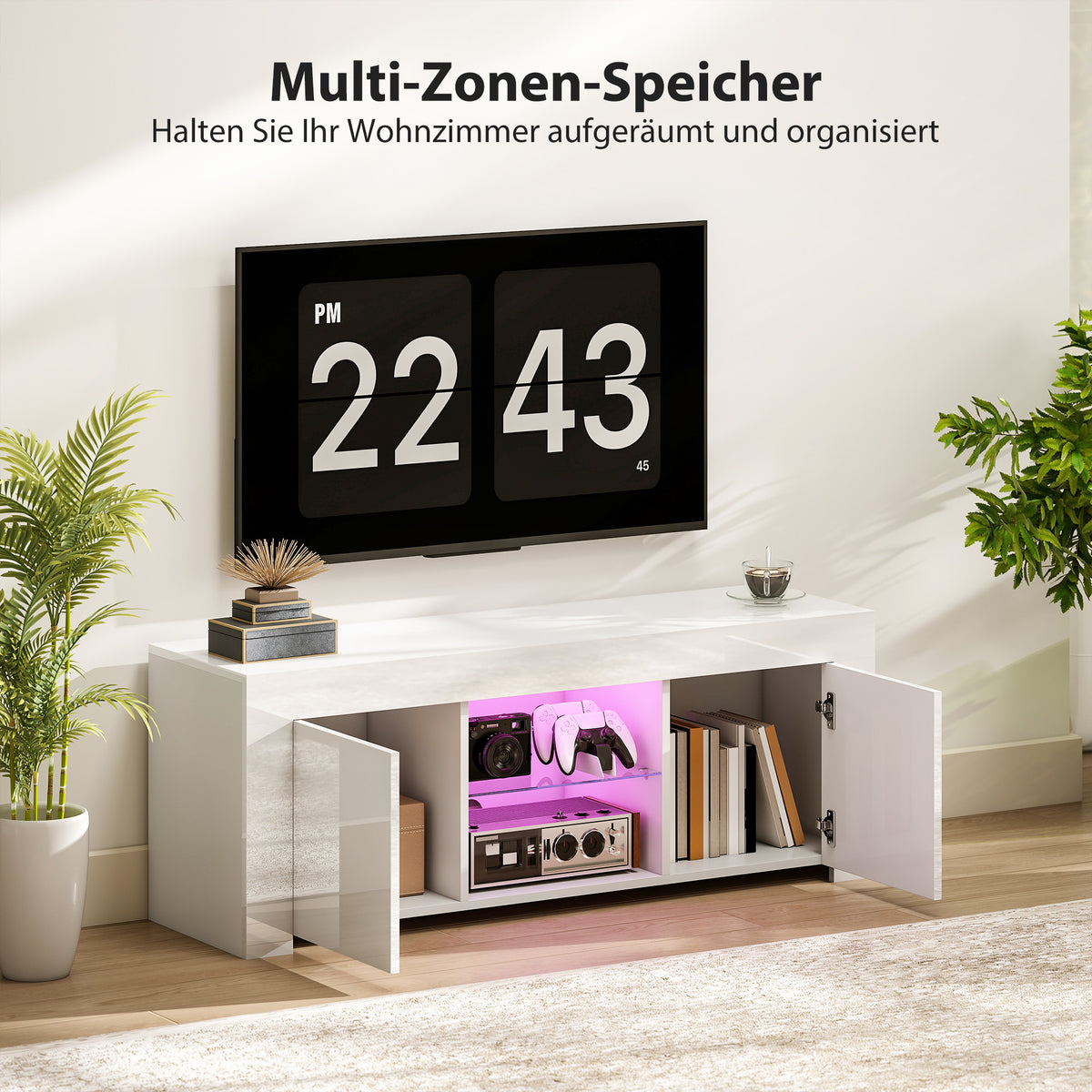TV-Lowboard 120 cm mit RGB-LED und Glasablage