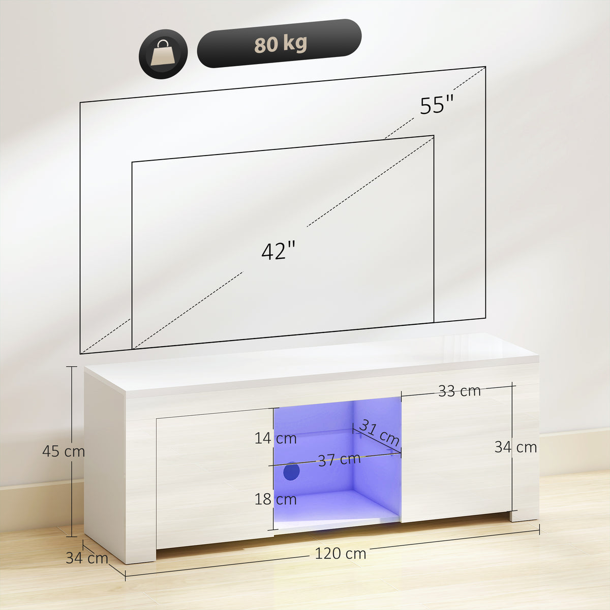 TV-Lowboard 120 cm mit RGB-LED und Glasablage