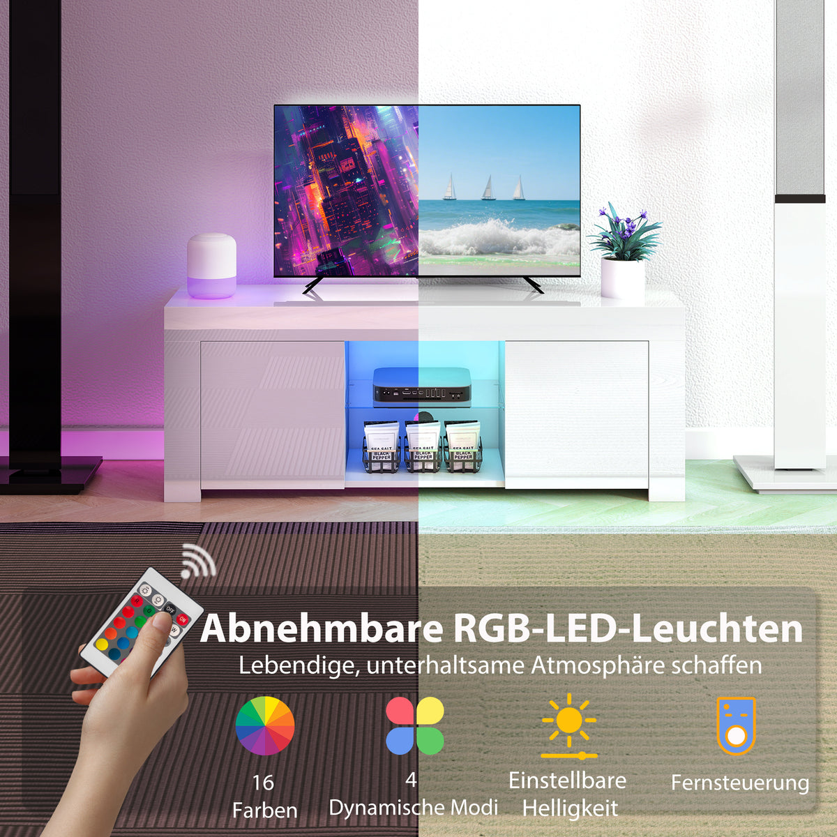 TV-Lowboard 120 cm mit RGB-LED und Glasablage