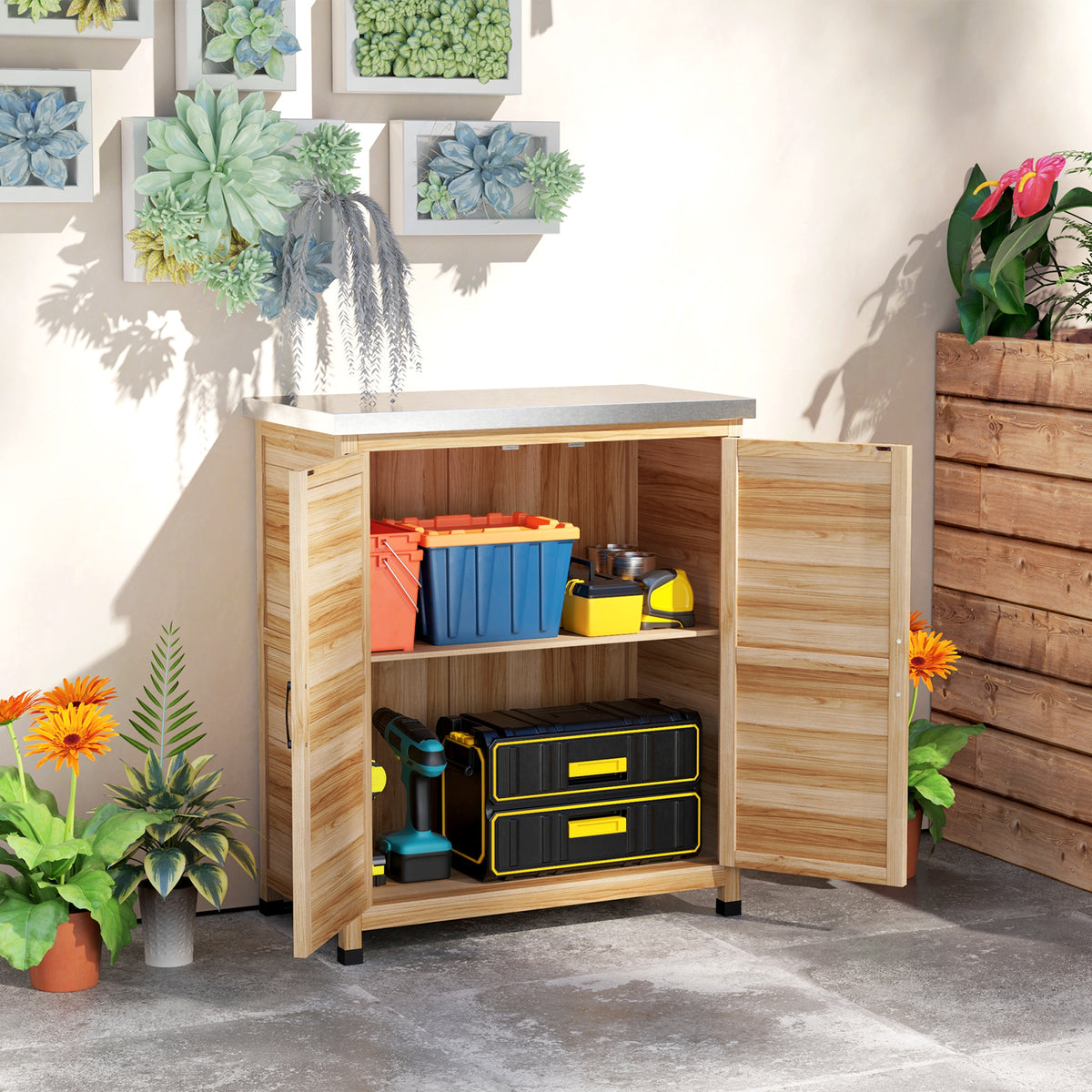Gartenschrank mit Arbeitsfläche und Innenregal