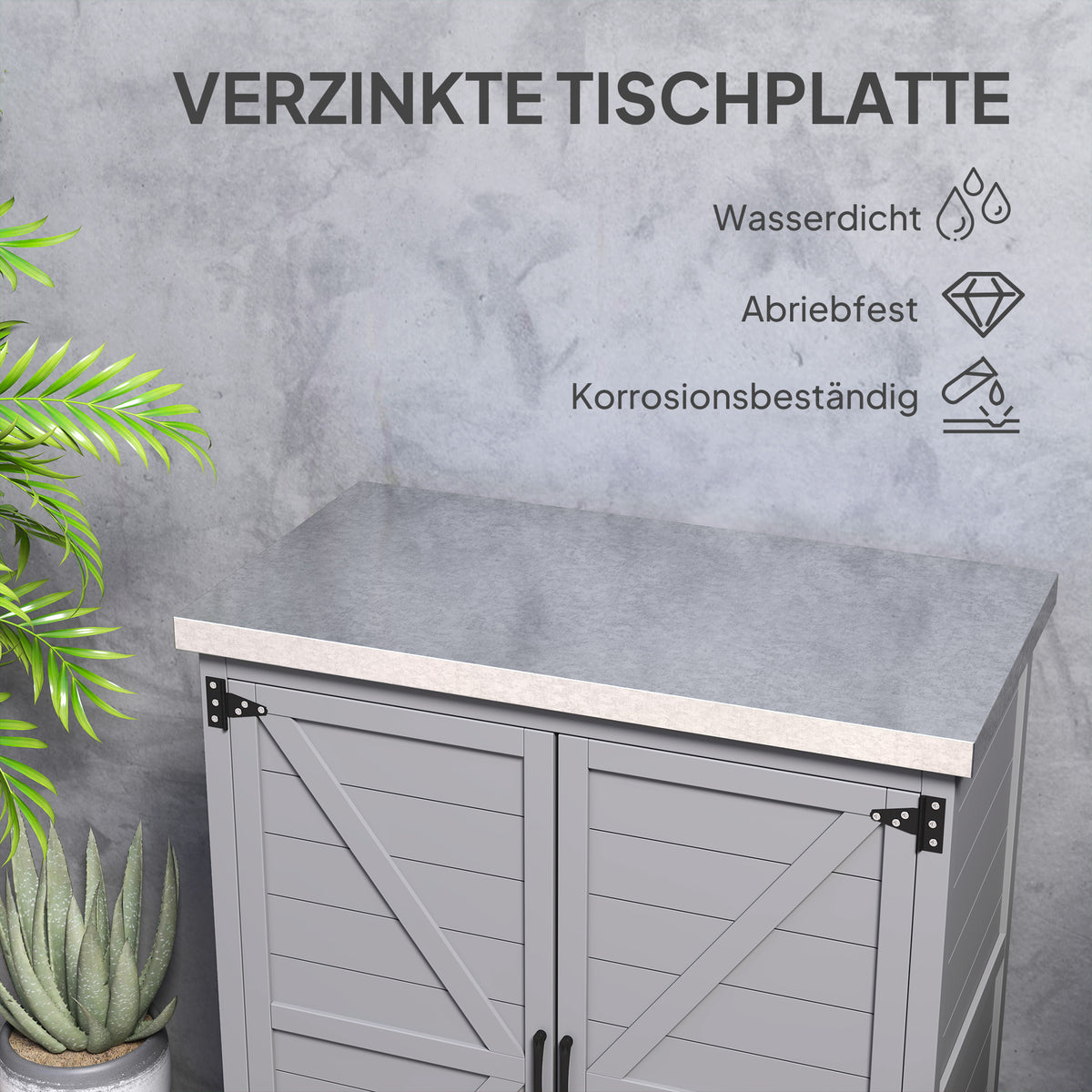Gartenschrank mit Arbeitsfläche und Innenregal