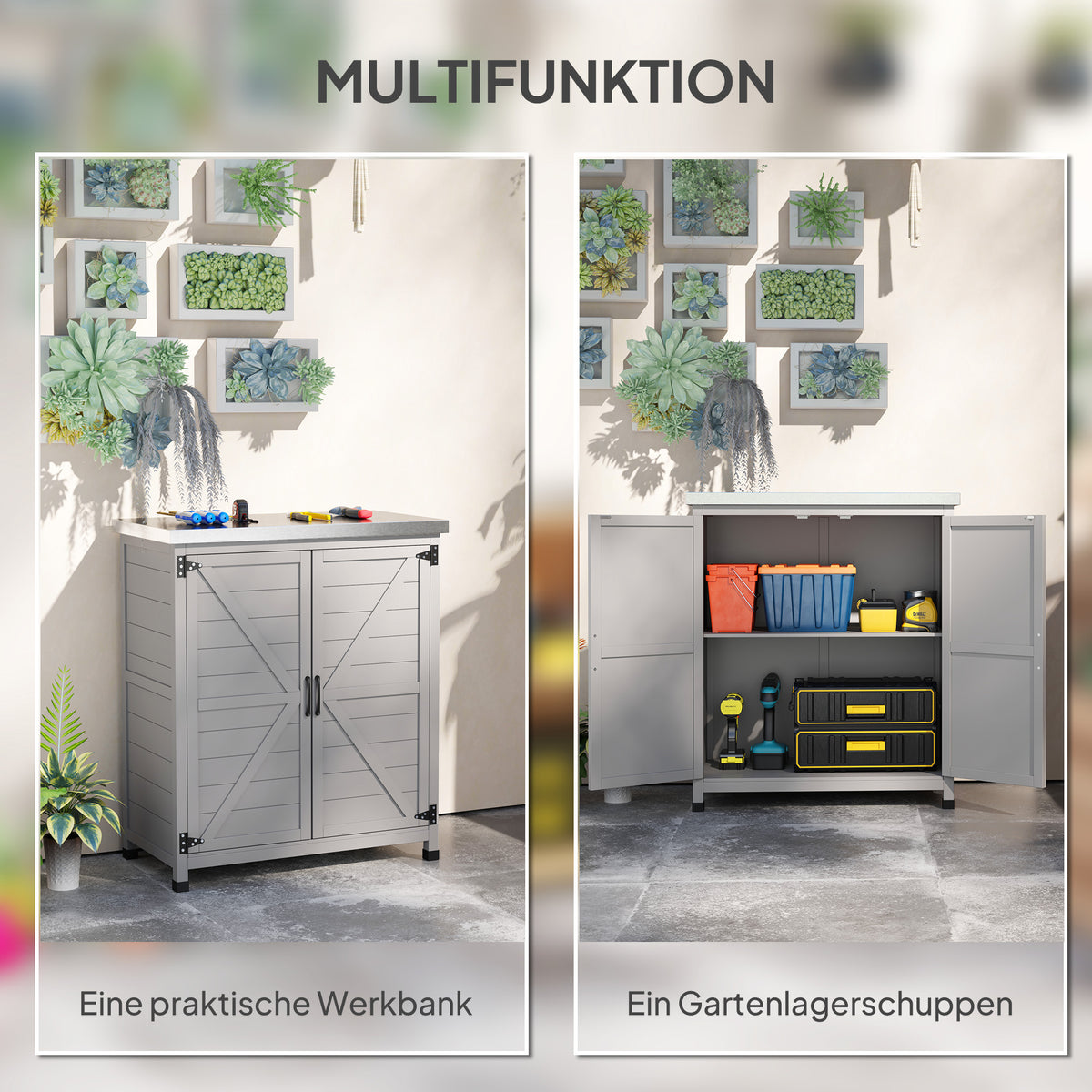 Gartenschrank mit Arbeitsfläche und Innenregal