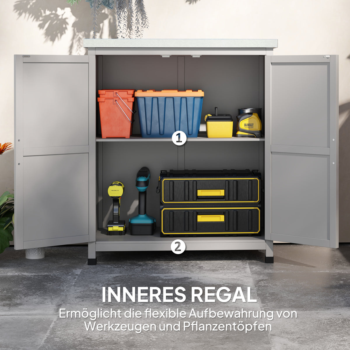 Gartenschrank mit Arbeitsfläche und Innenregal