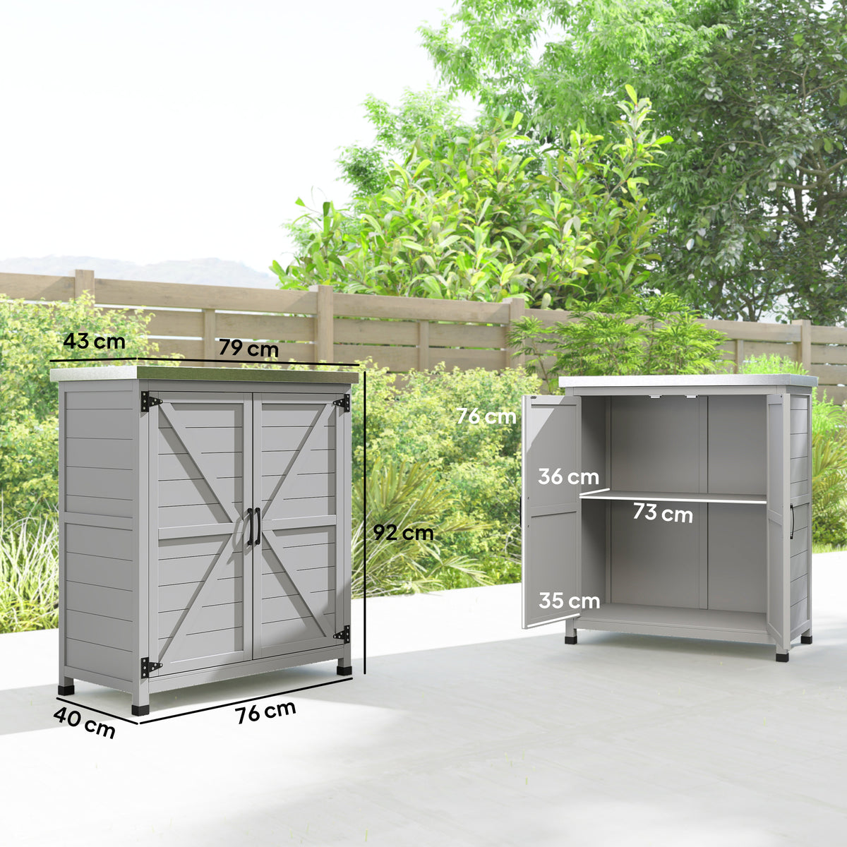 Gartenschrank mit Arbeitsfläche und Innenregal