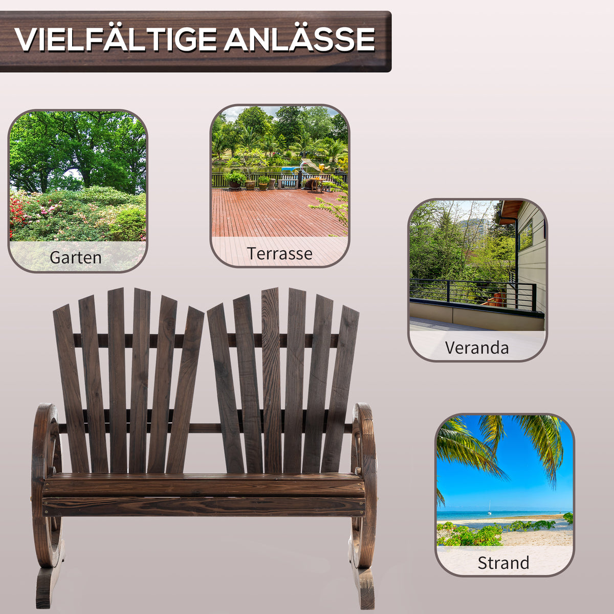 Gartenbank aus Tannenholz mit Wagenrad-Armlehnen