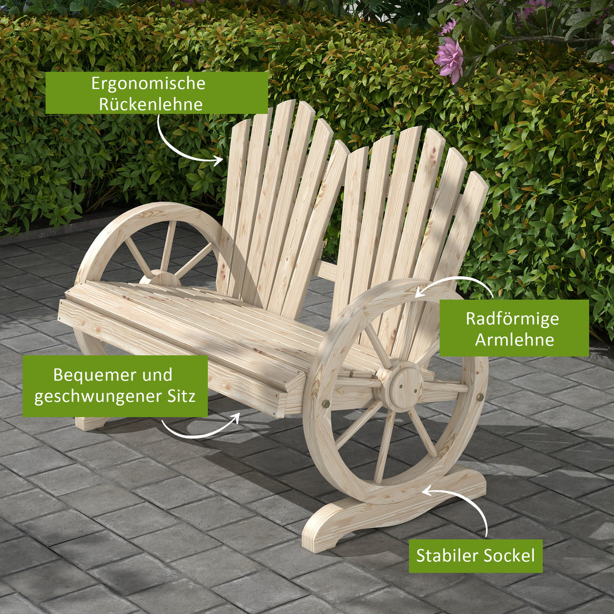 Gartenbank aus Tannenholz mit Wagenrad-Armlehnen