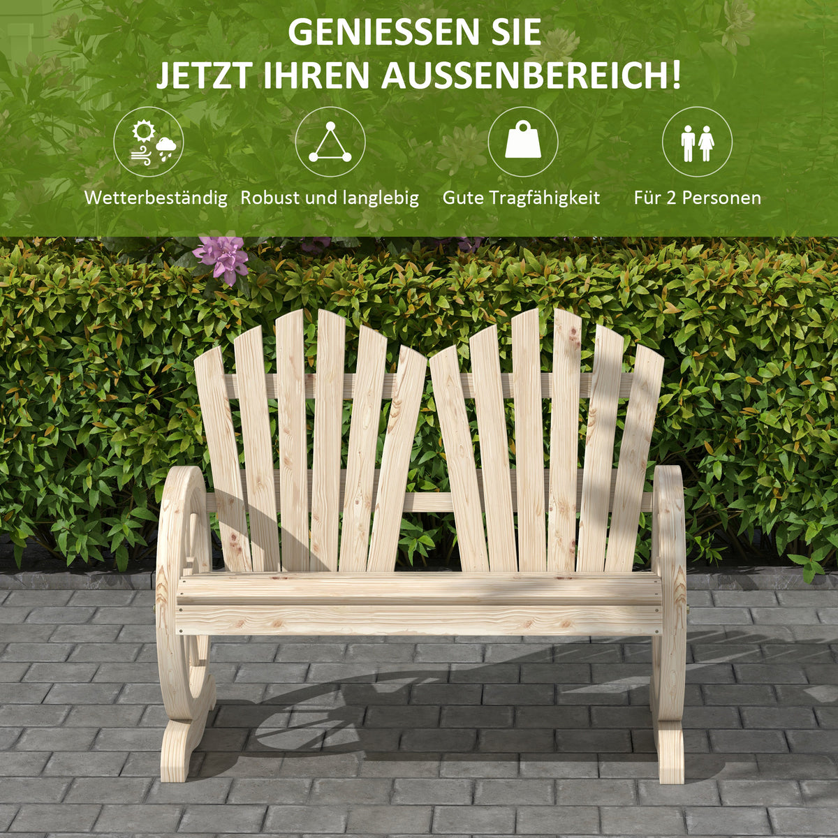 Gartenbank aus Tannenholz mit Wagenrad-Armlehnen