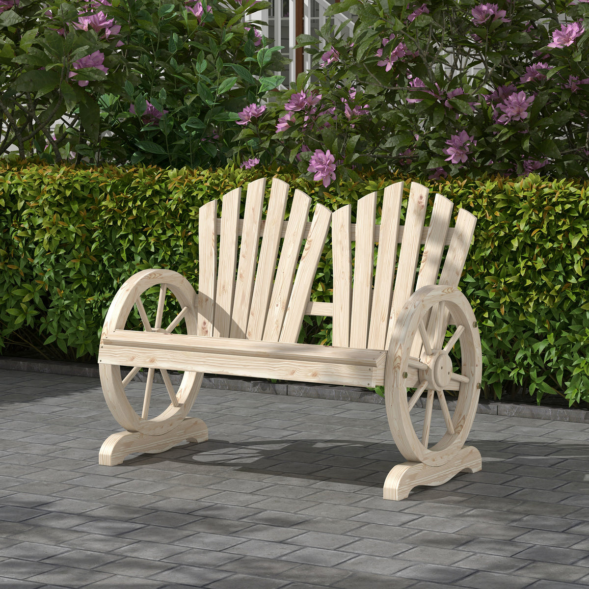 Gartenbank aus Tannenholz mit Wagenrad-Armlehnen