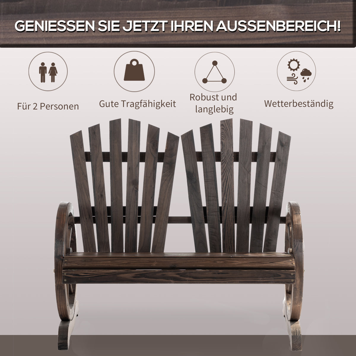 Gartenbank aus Tannenholz mit Wagenrad-Armlehnen