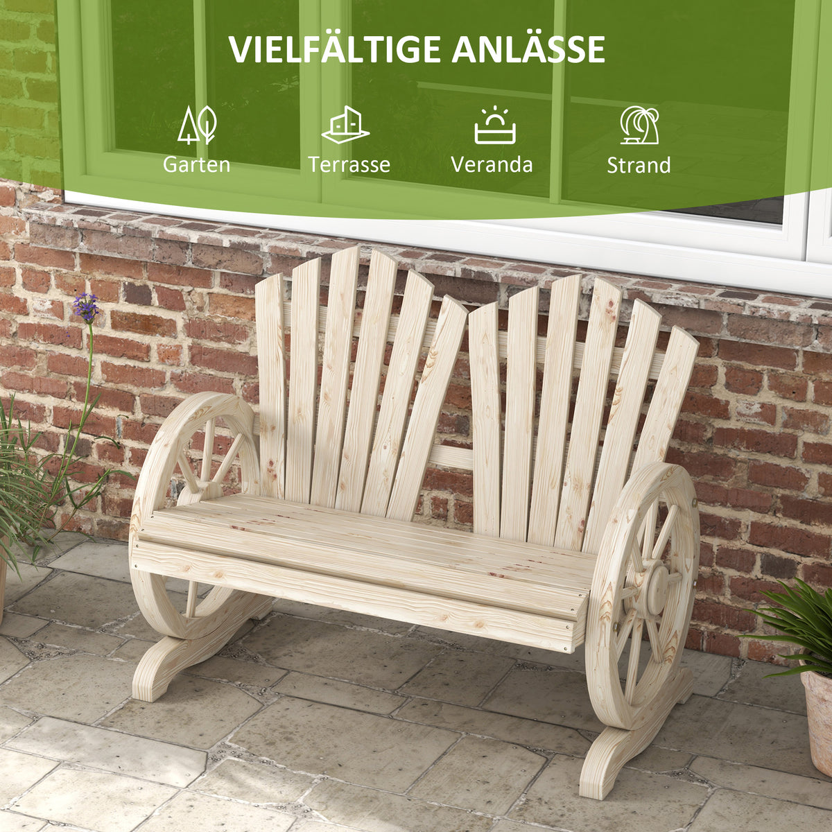Gartenbank aus Tannenholz mit Wagenrad-Armlehnen