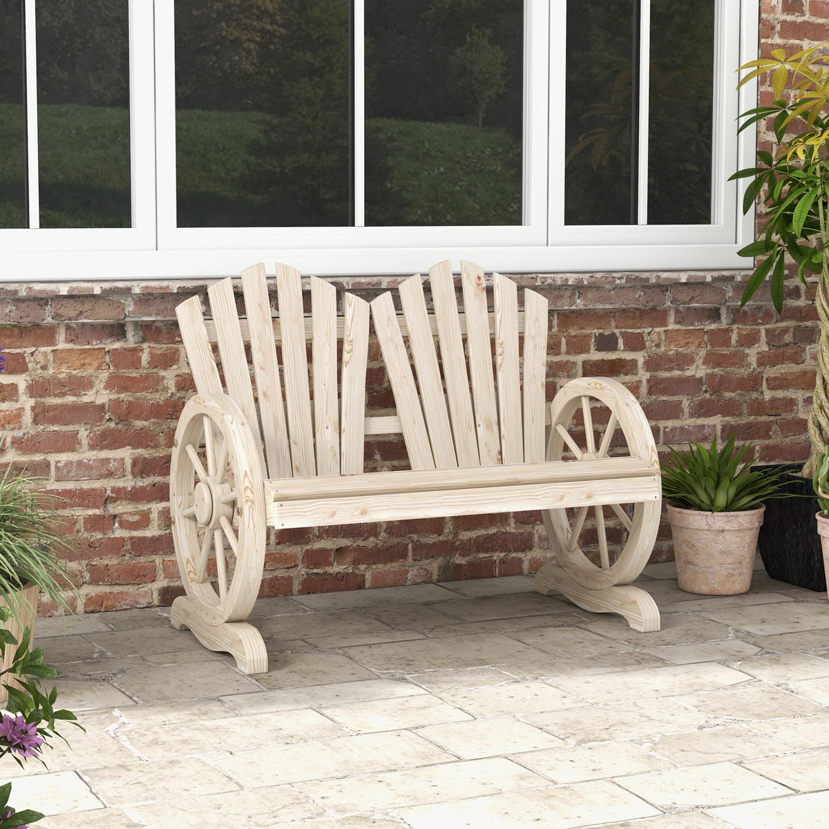 Gartenbank aus Tannenholz mit Wagenrad-Armlehnen