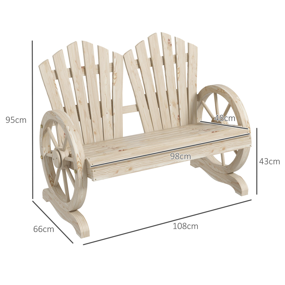 Gartenbank aus Tannenholz mit Wagenrad-Armlehnen