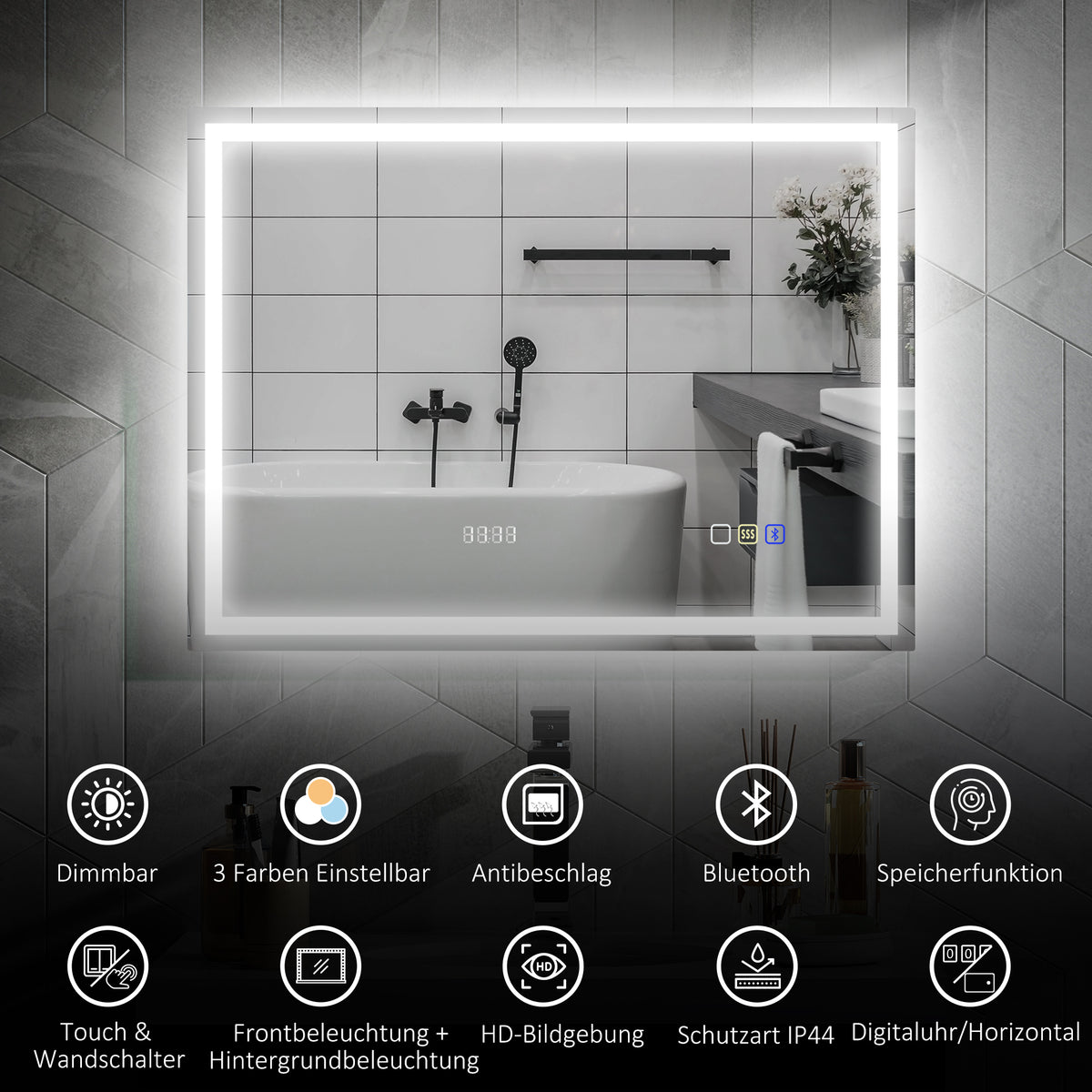 LED-Badezimmerspiegel mit Bluetooth und Uhr