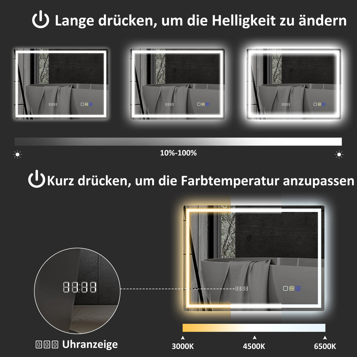 LED-Badezimmerspiegel mit Bluetooth und Uhr