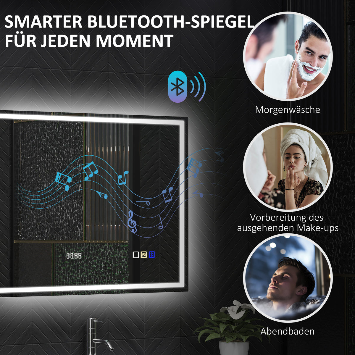 LED-Badezimmerspiegel mit Bluetooth und Uhr