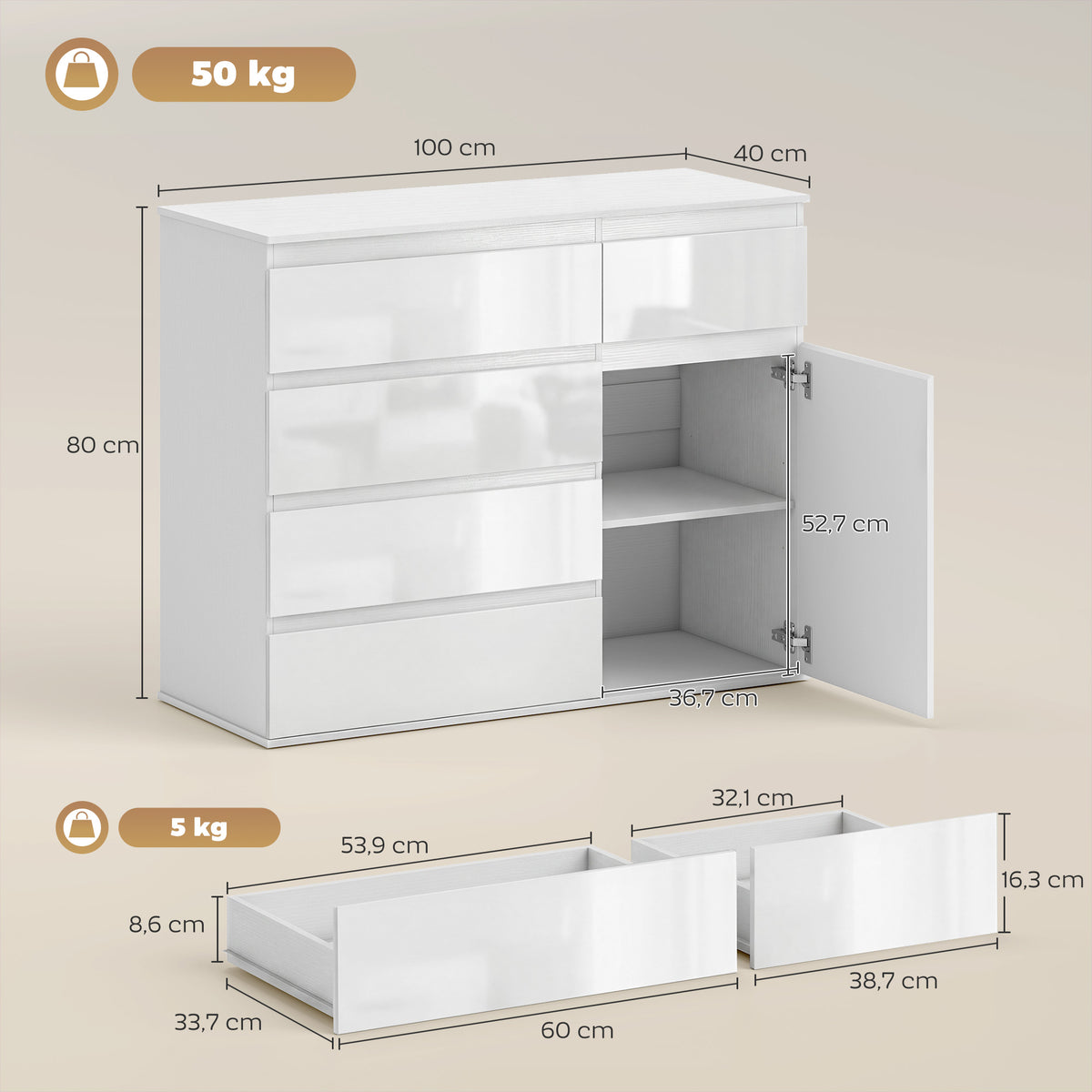 Sideboard mit fünf Schubladen und Soft-Close-Tür