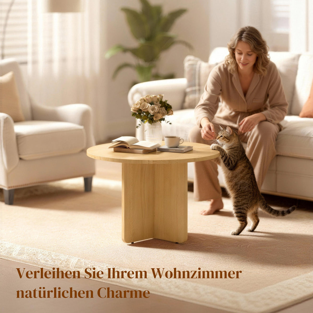 Runder Couchtisch aus Bambus mit Kreuzgestell
