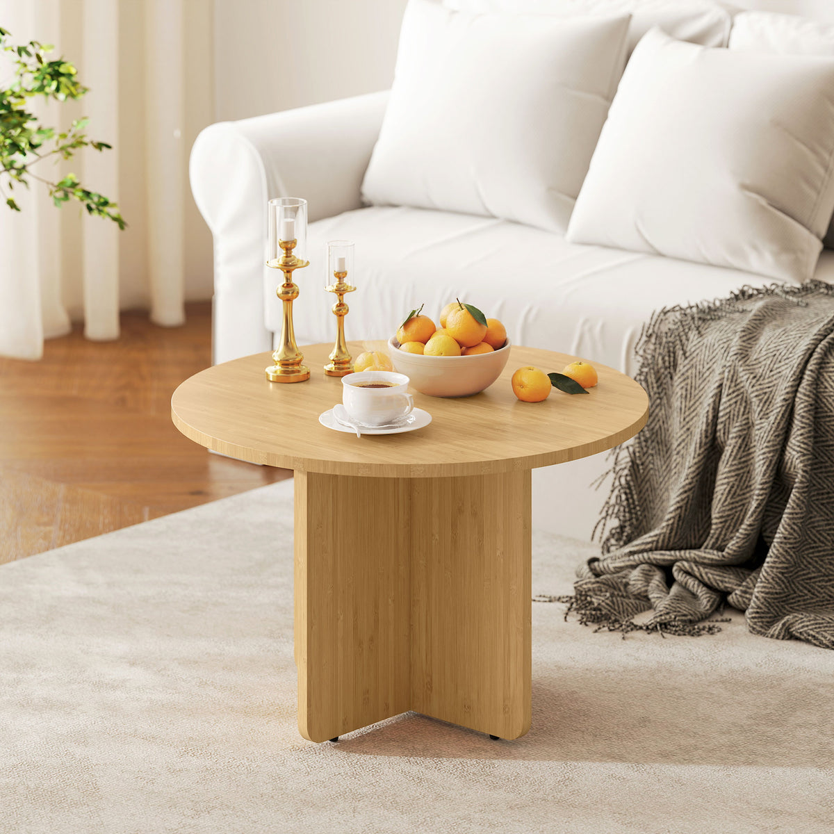 Runder Couchtisch aus Bambus mit Kreuzgestell
