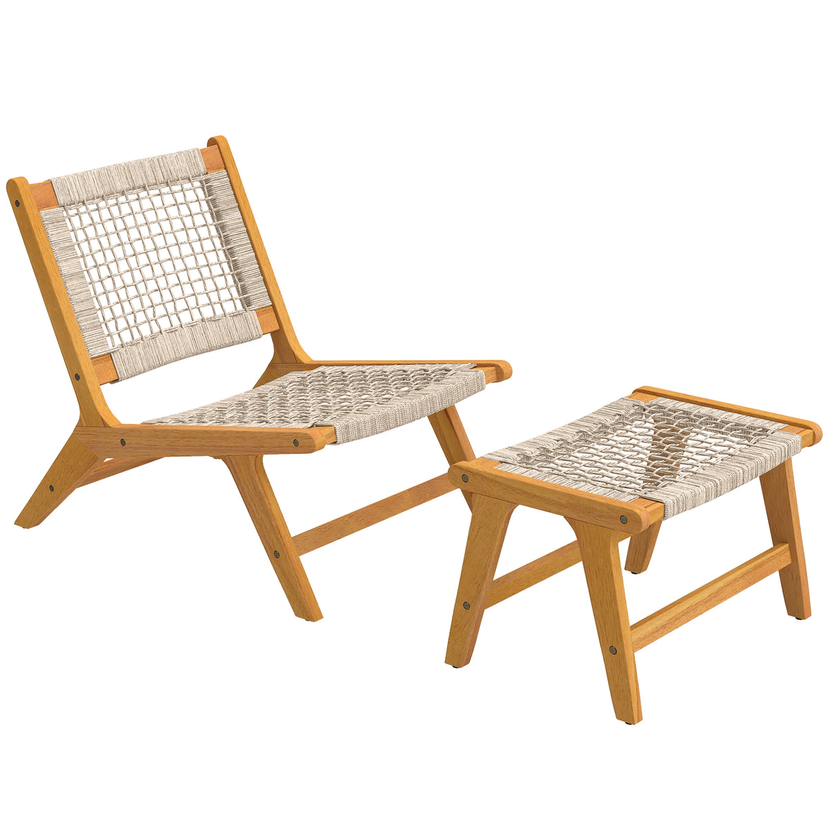 Gartensessel mit Fußhocker aus Akazienholz und Rattan