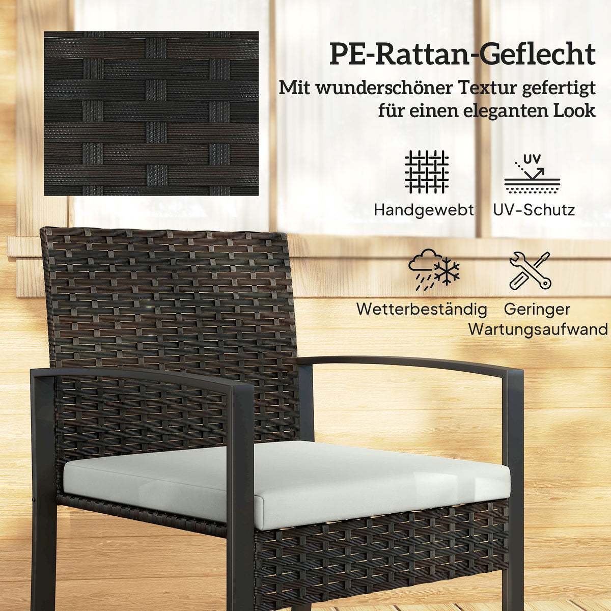 3-teiliges Rattan-Bistroset mit zwei Stühlen