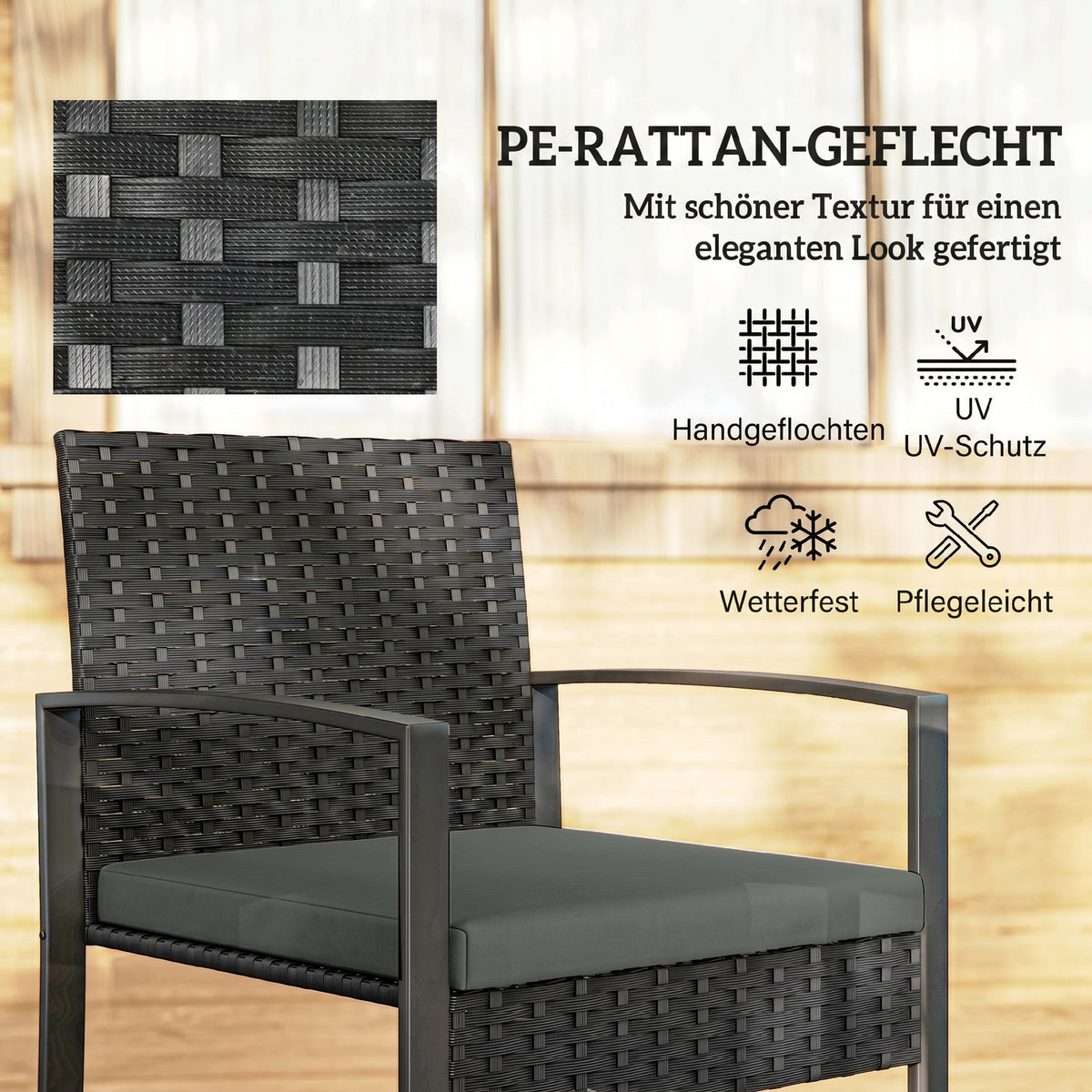 3-teiliges Rattan-Bistroset mit zwei Stühlen