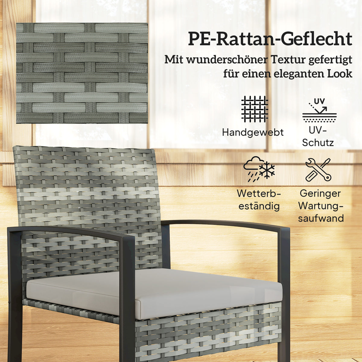 3-teiliges Rattan-Bistroset mit zwei Stühlen