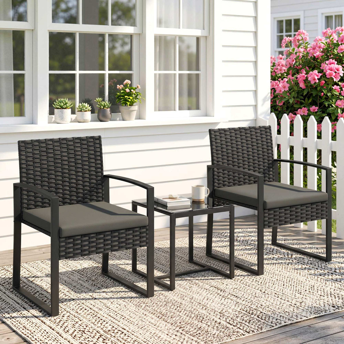 3-teiliges Rattan-Bistroset mit zwei Stühlen