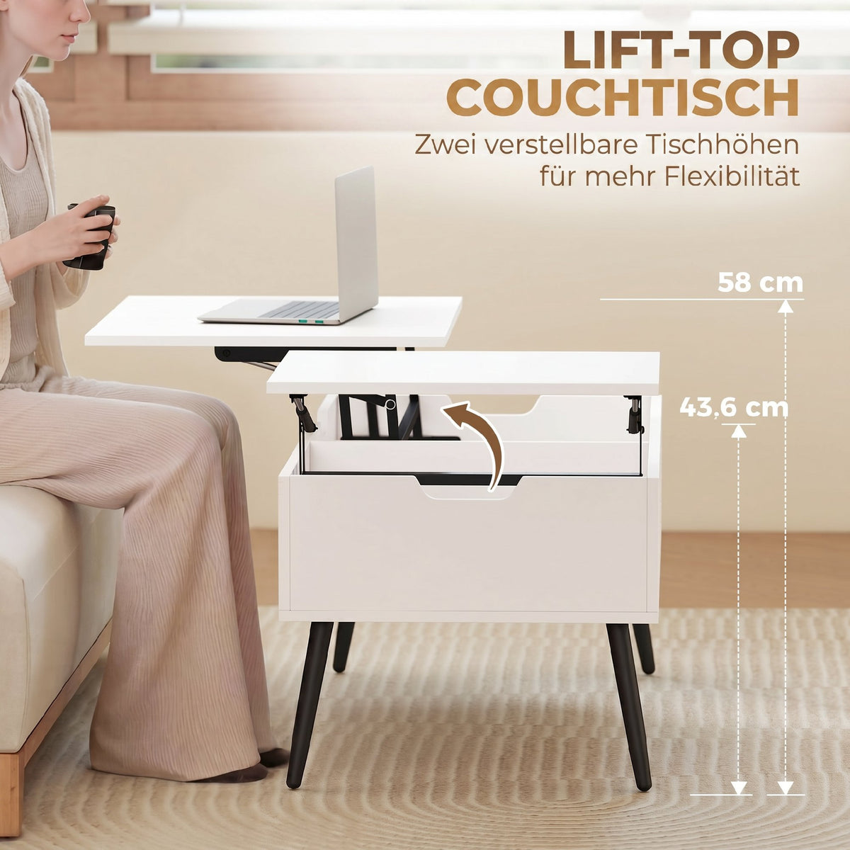 Höhenverstellbarer Couchtisch mit Stauraum