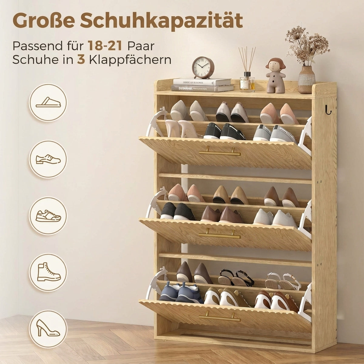 Schuhschrank mit drei Klappfächern und verstellbaren Böden