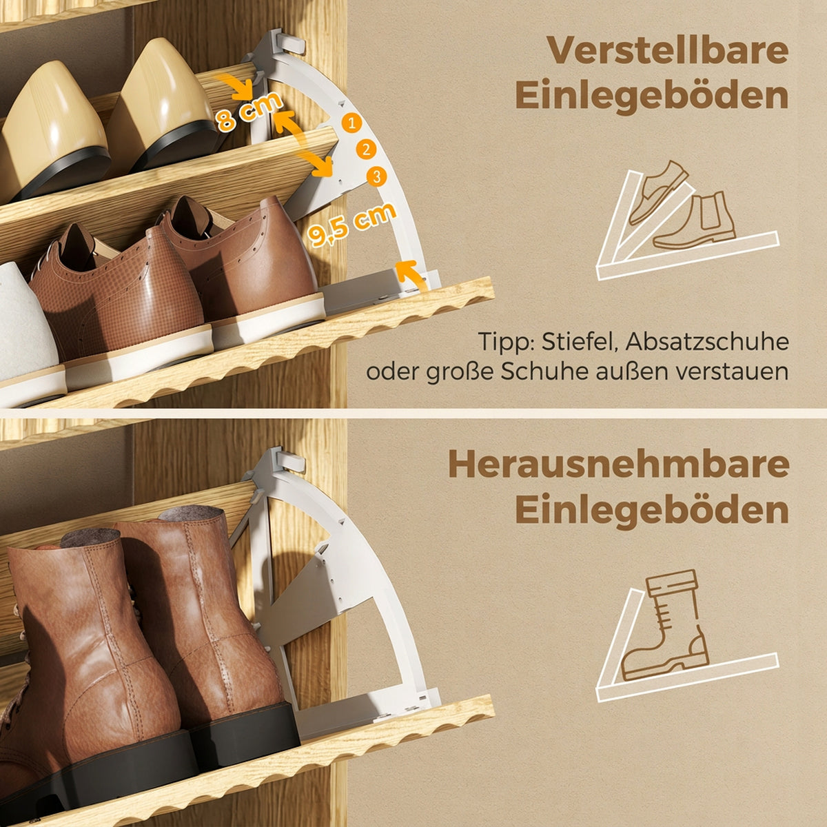 Schuhschrank mit drei Klappfächern und verstellbaren Böden