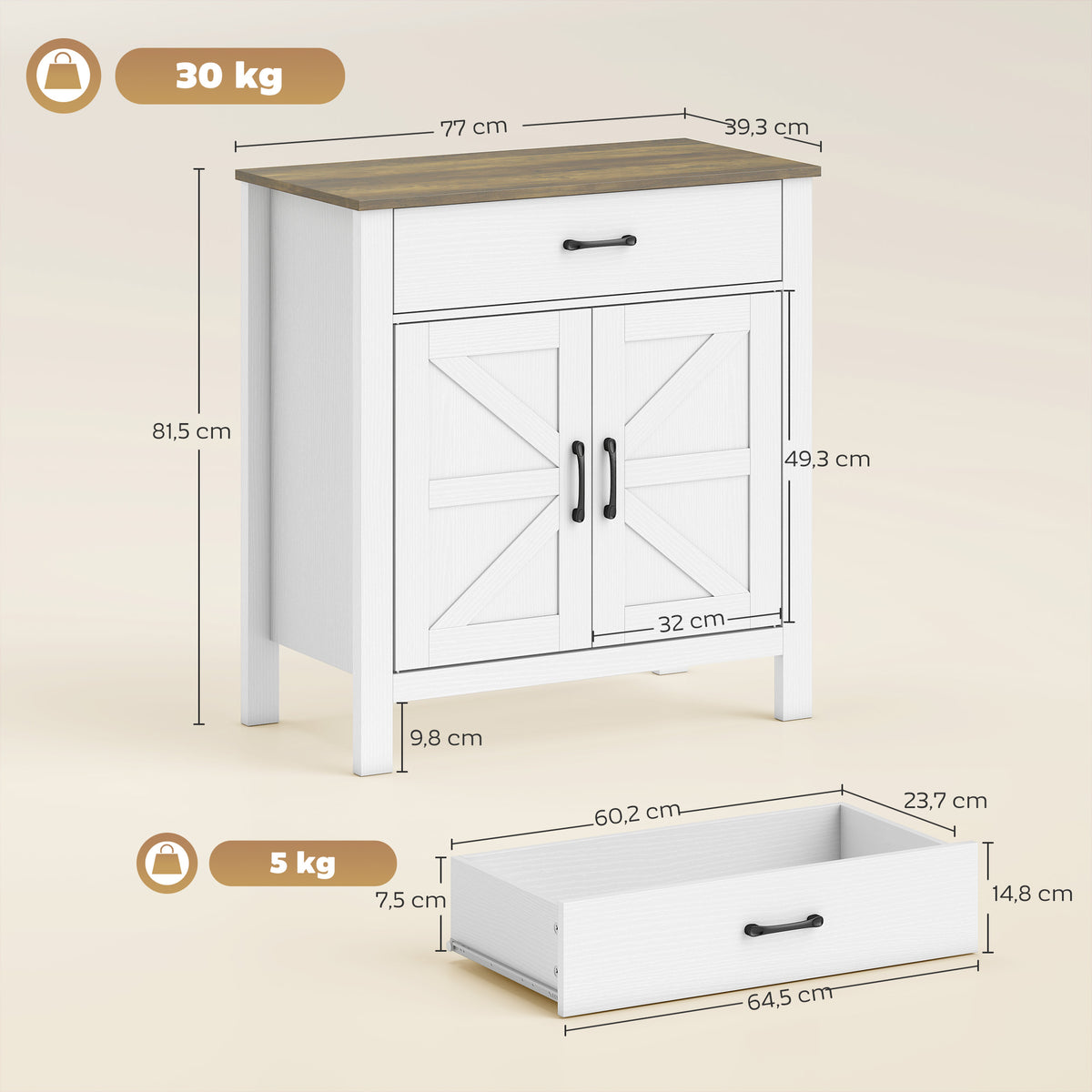 Sideboard mit Schiebetüren, Schublade und verstellbarem Regal