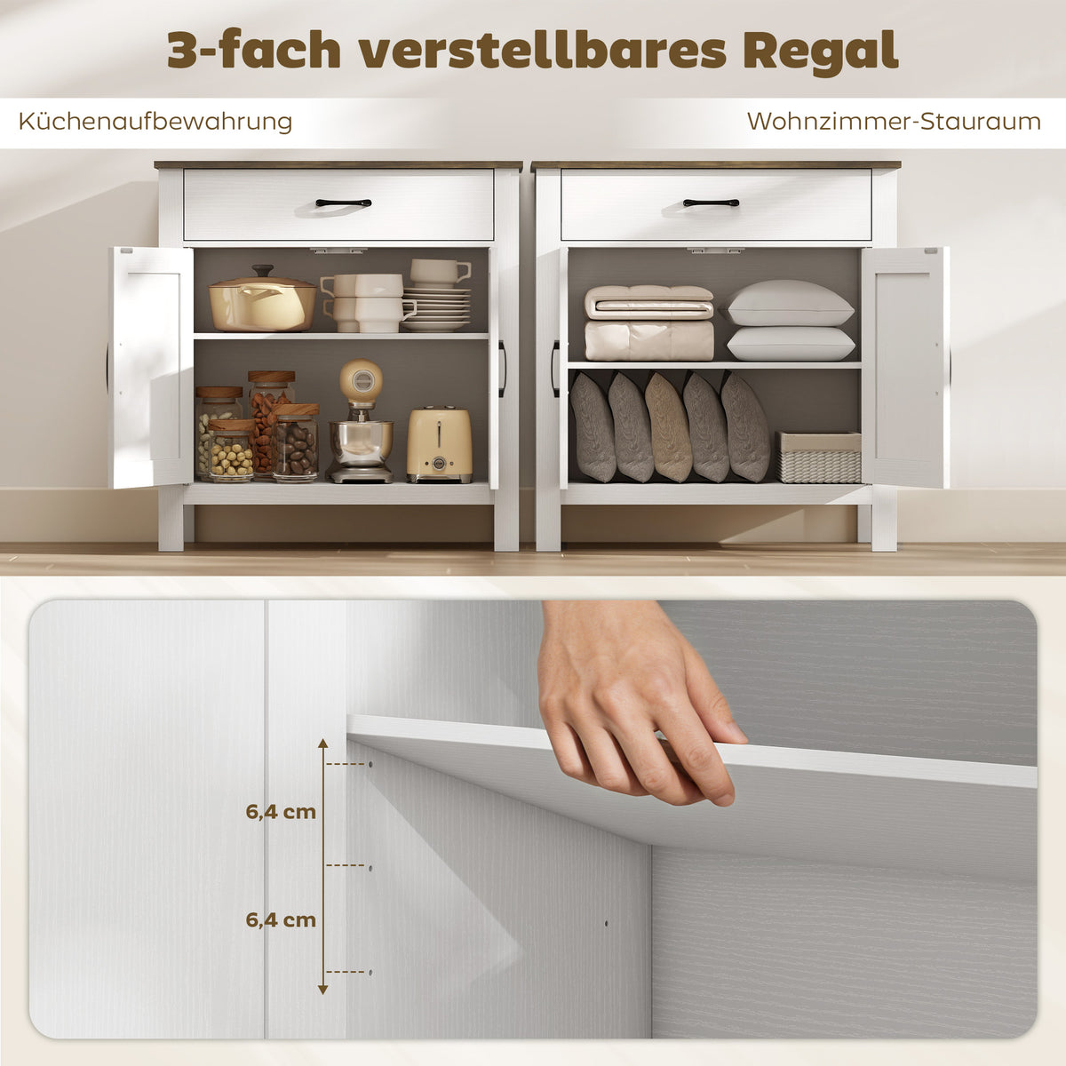Sideboard mit Schiebetüren, Schublade und verstellbarem Regal
