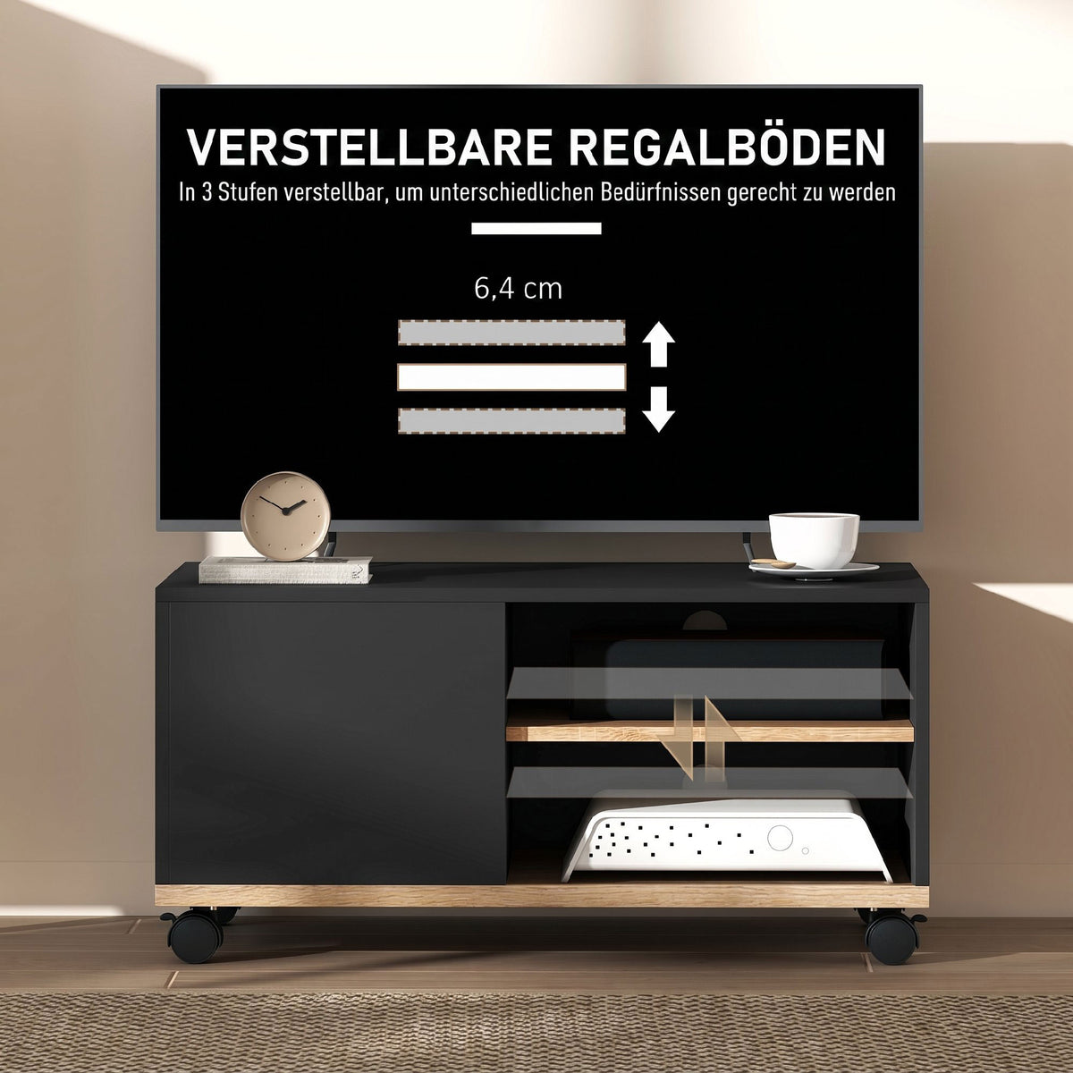 TV-Lowboard auf Rollen mit verstellbarem Regal