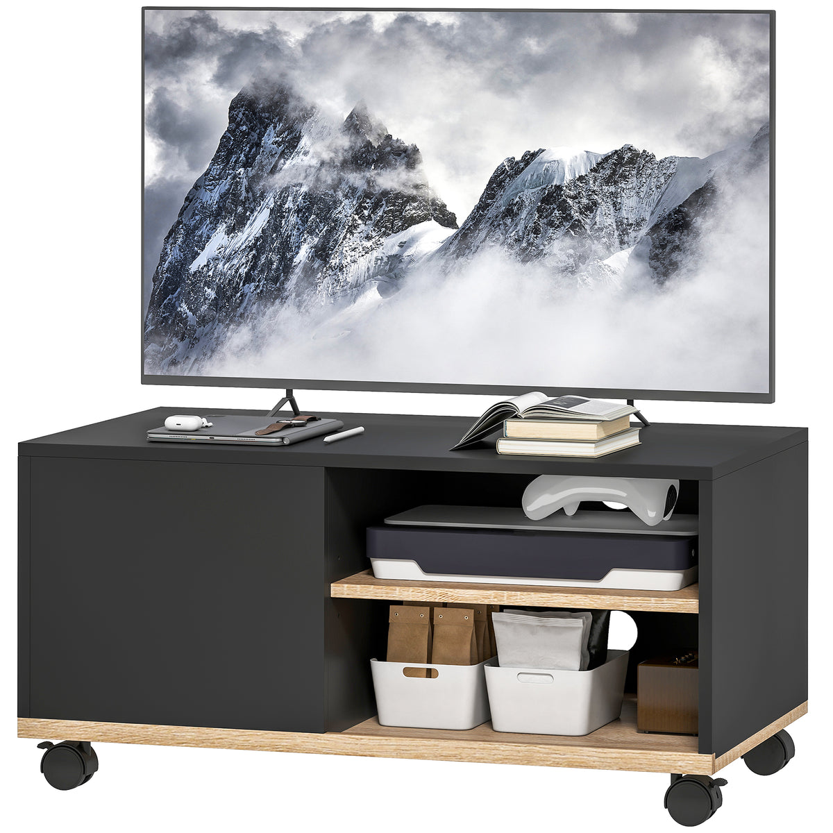TV-Lowboard auf Rollen mit verstellbarem Regal