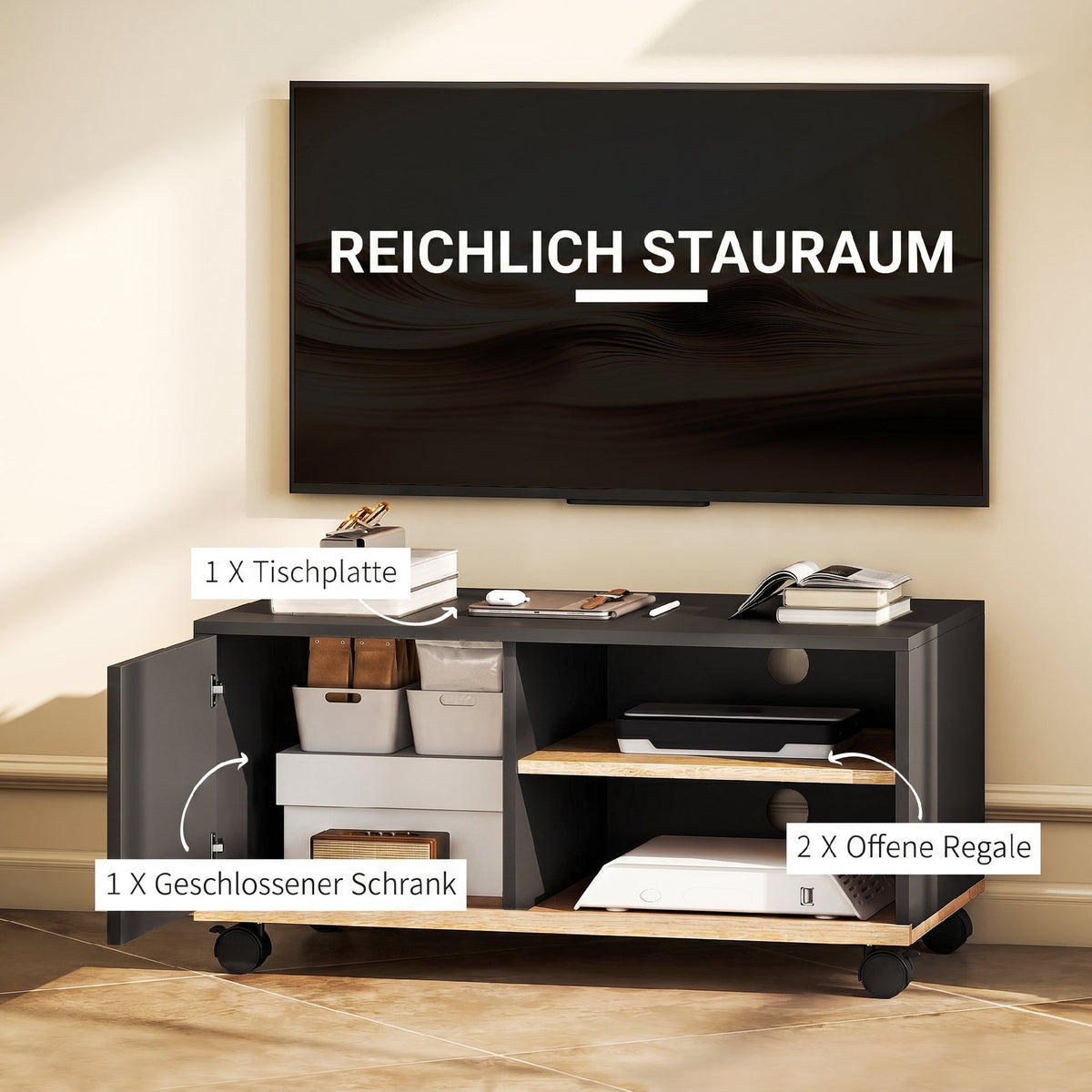 TV-Lowboard auf Rollen mit verstellbarem Regal