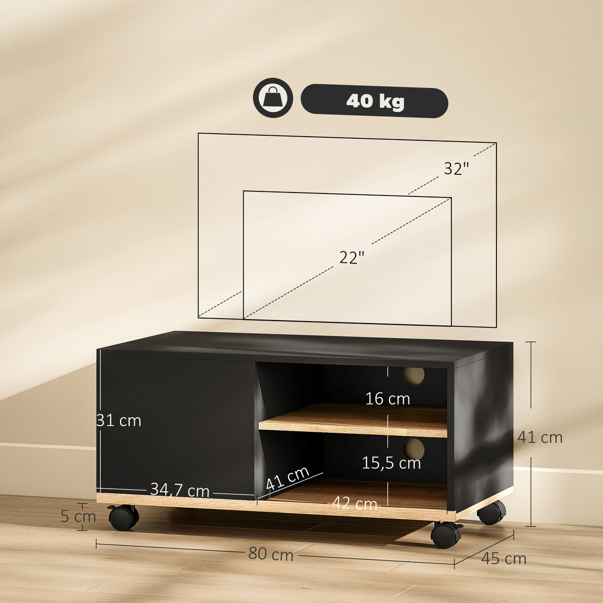 TV-Lowboard auf Rollen mit verstellbarem Regal