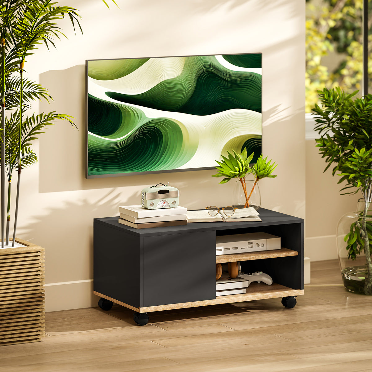TV-Lowboard auf Rollen mit verstellbarem Regal