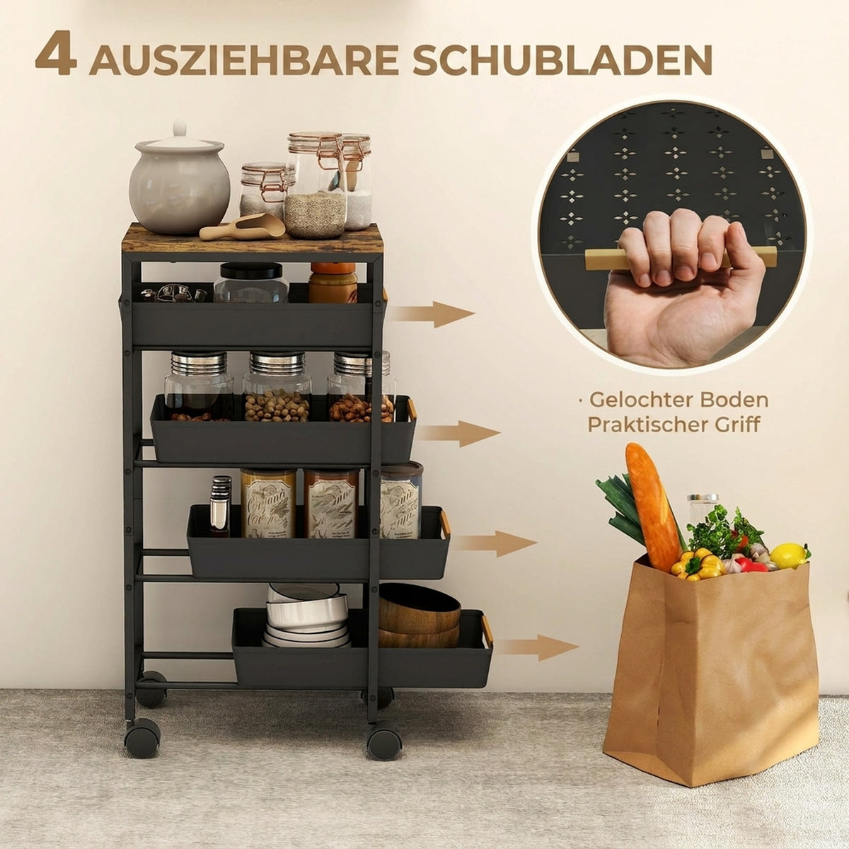 Schmaler Küchenwagen mit 4 Schubladen und Rollen