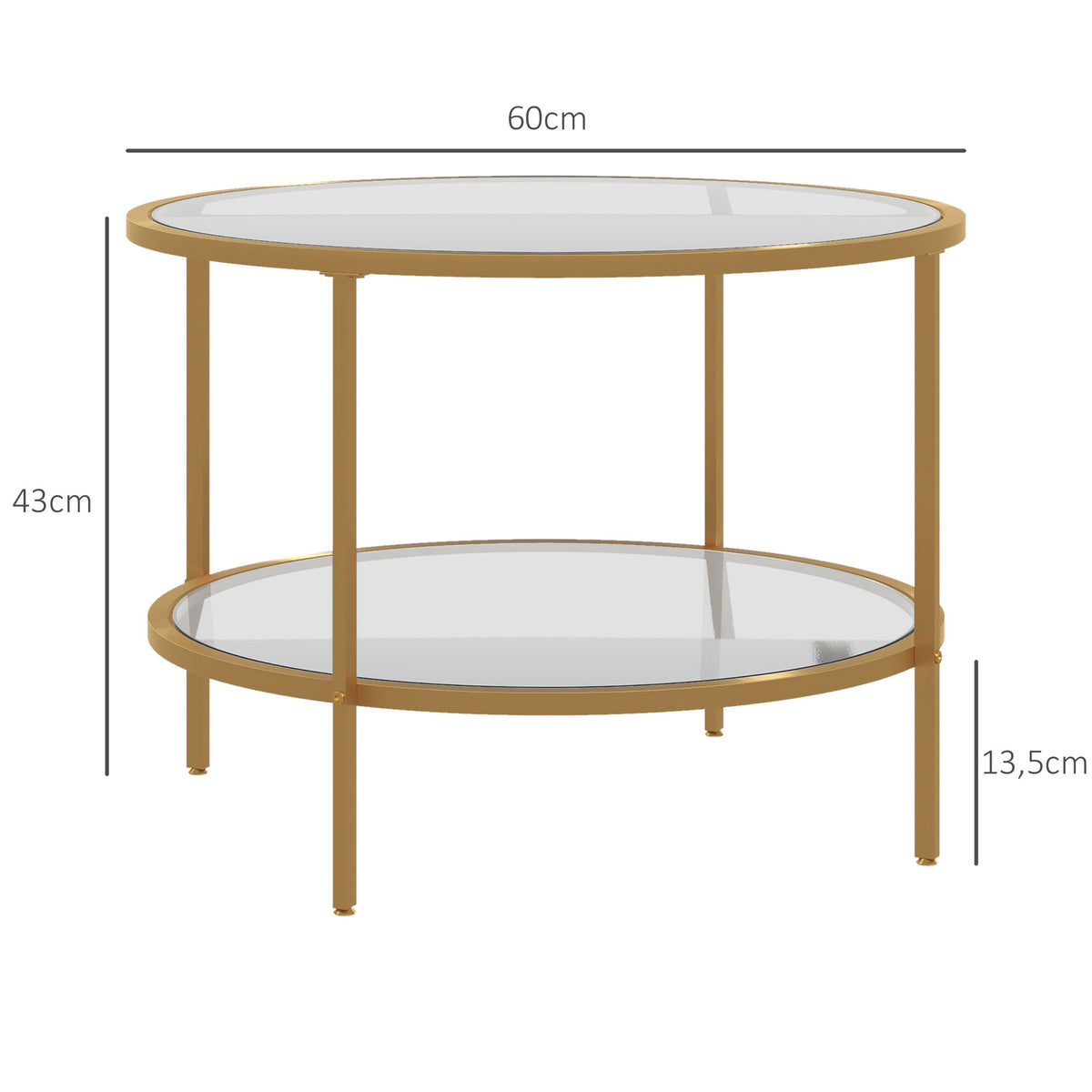 Runder Beistelltisch mit zwei Ablagen aus Hartglas, Gold