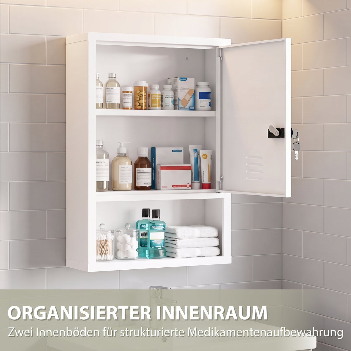 Abschließbarer Medizinschrank aus Stahl mit Ablage