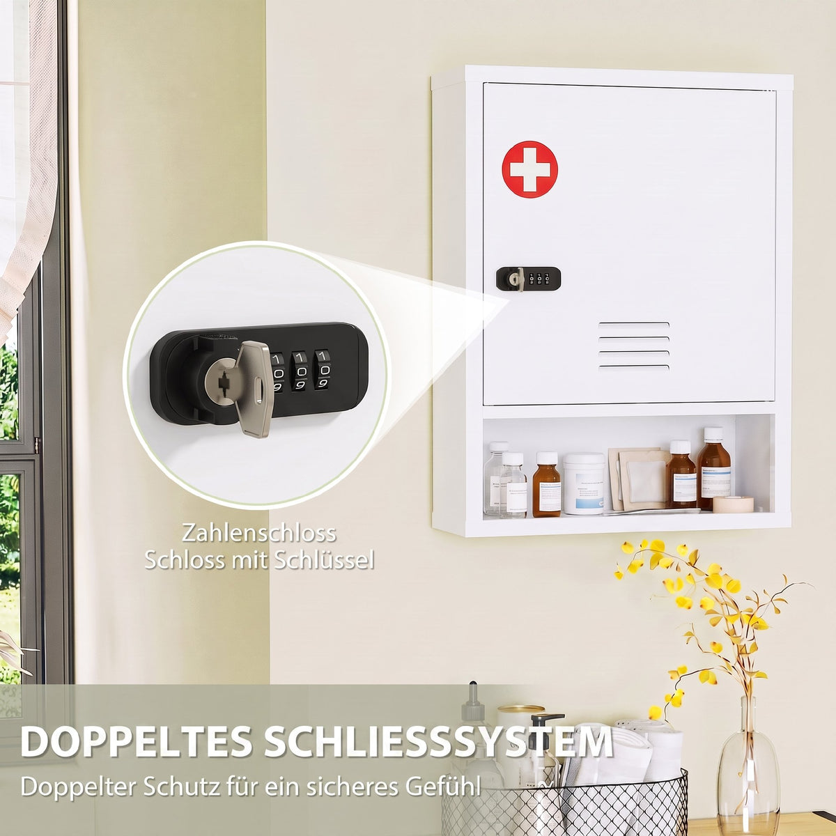 Abschließbarer Medizinschrank aus Stahl mit Ablage