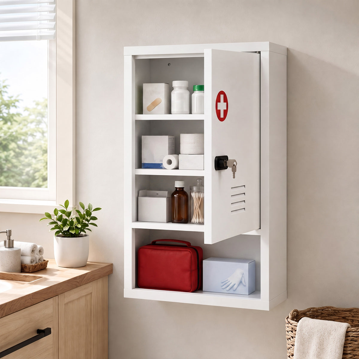 Abschließbarer Medizinschrank aus Stahl mit Ablage