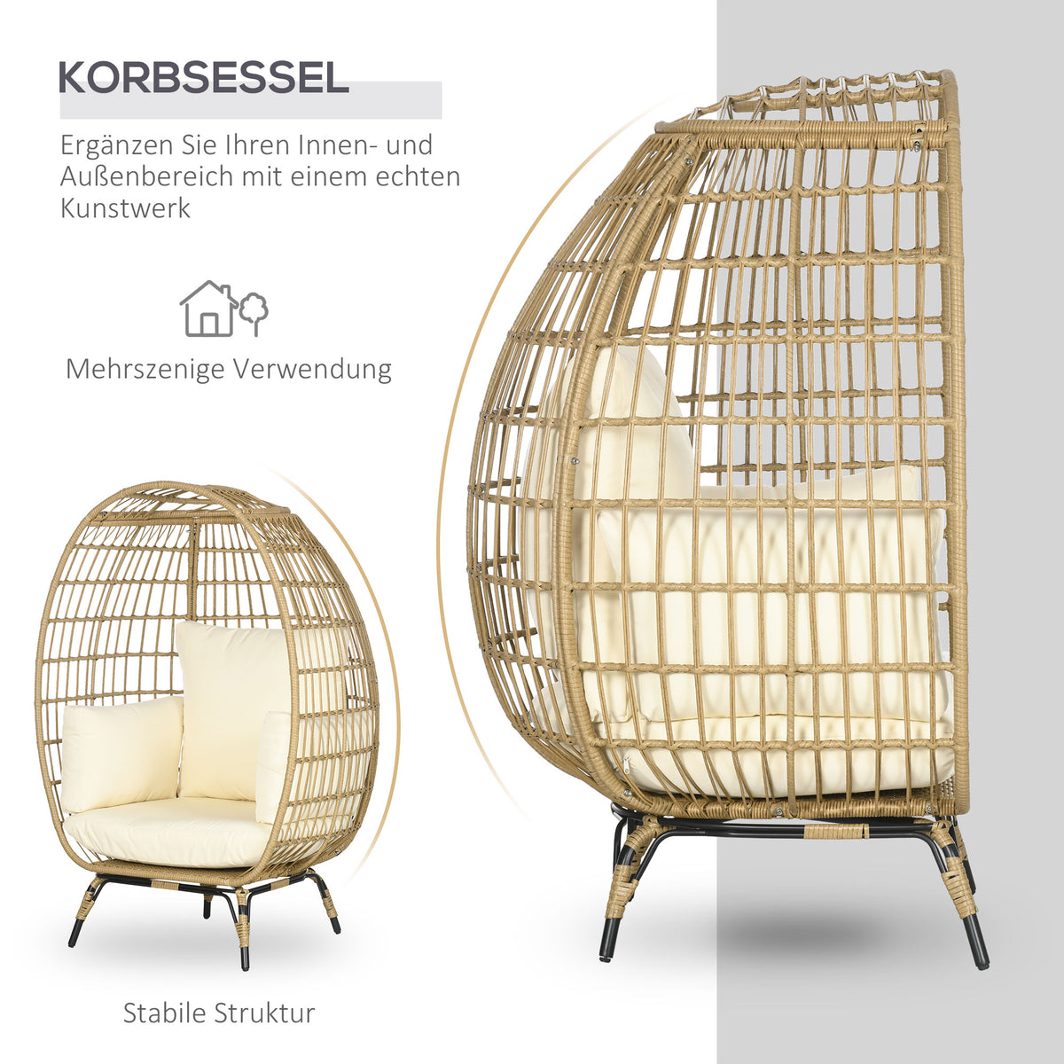 Korbsessel aus Kunstrattan mit Stahlgestell und Kissen