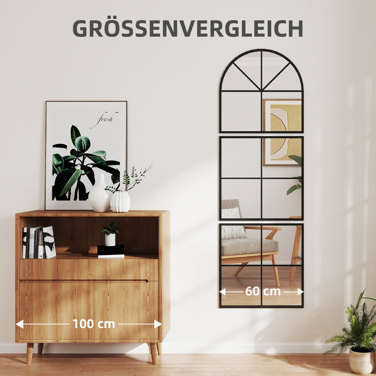 Dreiteiliger Wandspiegel mit Rundbogen, 180 cm