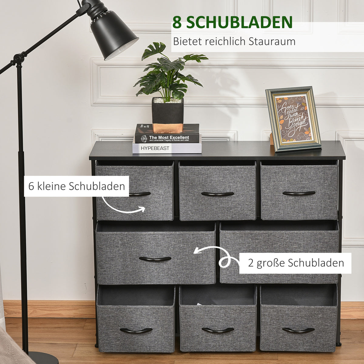Kommode mit 8 Stoffschubladen und Metallrahmen